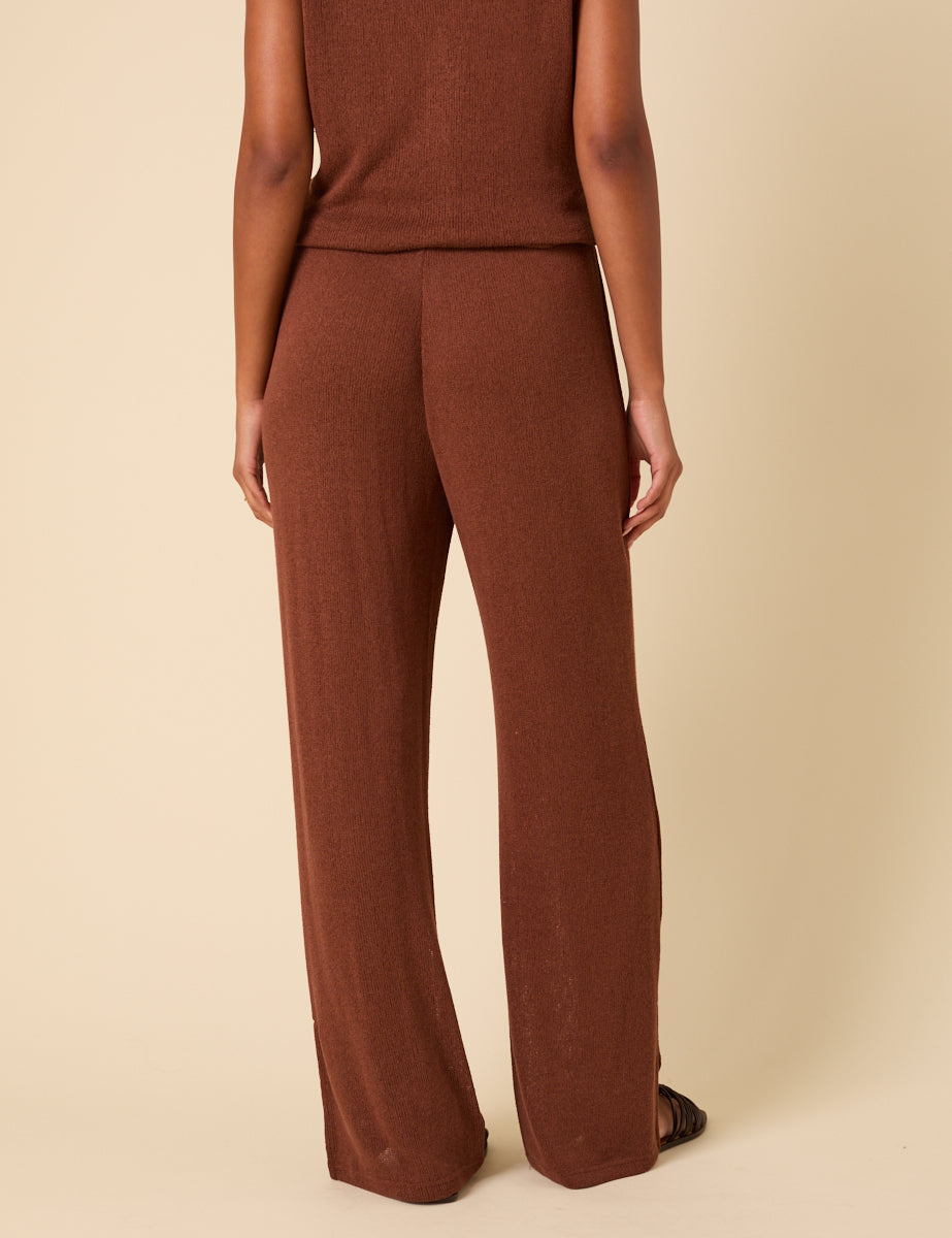Brown Textured Wide Leg Trousers