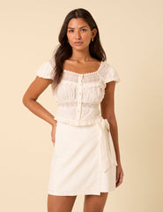 White Linen-blend Wrap Mini Skirt