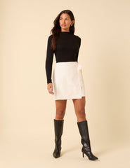 White Linen-blend Wrap Mini Skirt