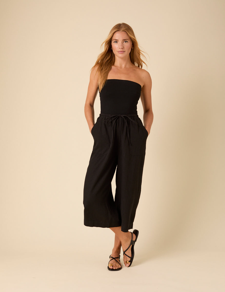 Black Linen-blend Cropped Shona Trousers