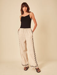 Beige Floral Embroidered Shona Trousers