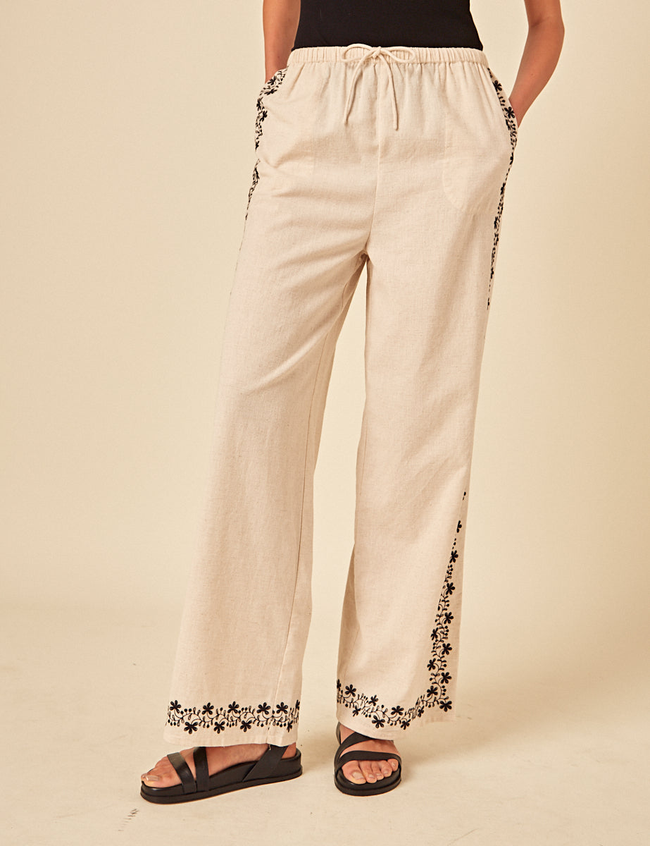 Beige Floral Embroidered Shona Trousers