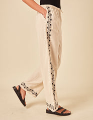Beige Floral Embroidered Shona Trousers