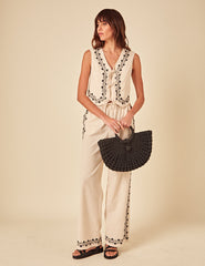 Beige Floral Embroidered Shona Trousers