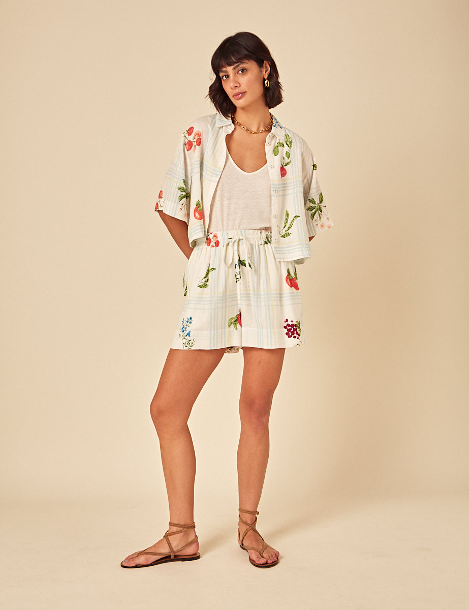 White Fruit Print Shorts