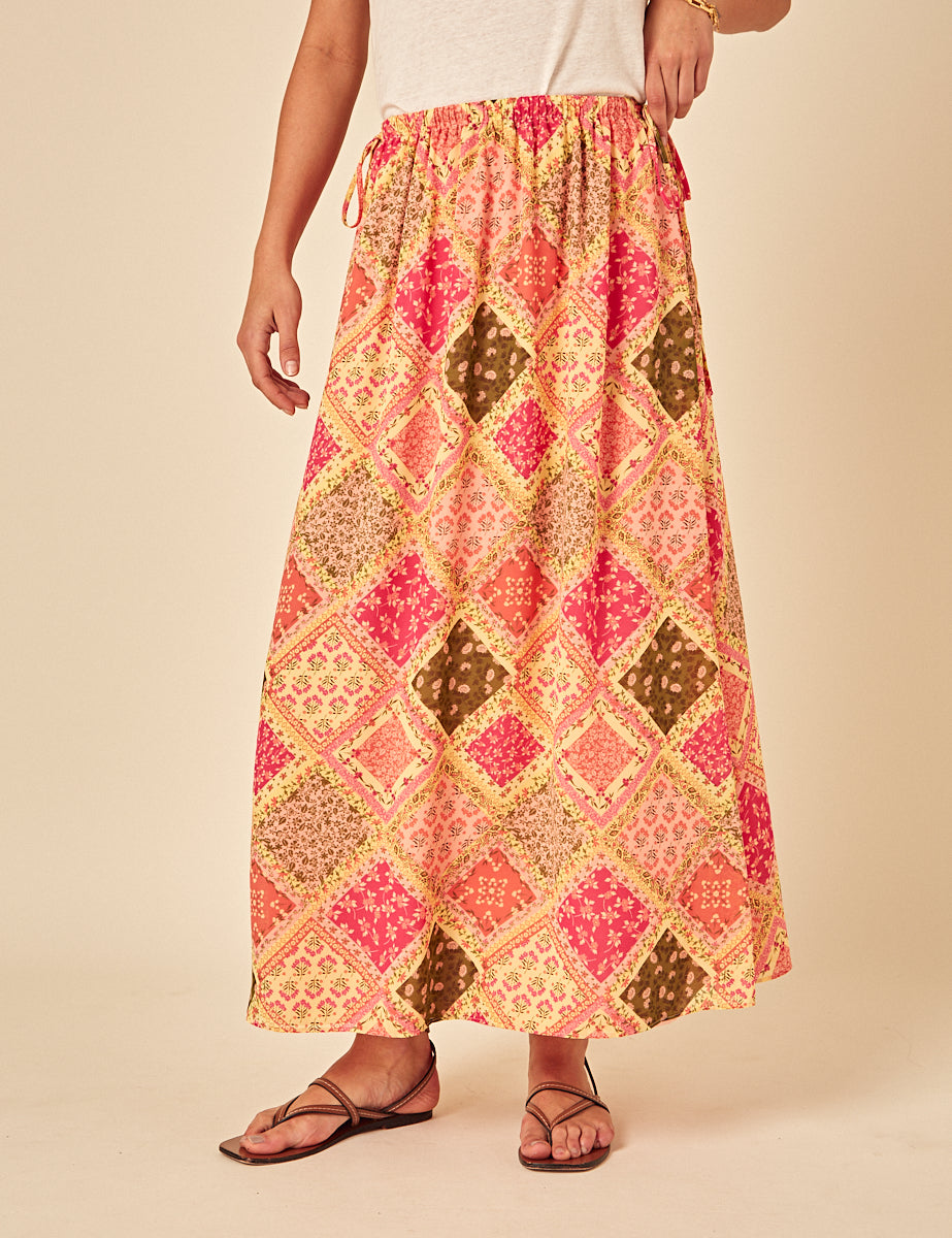Yellow Patchwork Print Midi Skirt