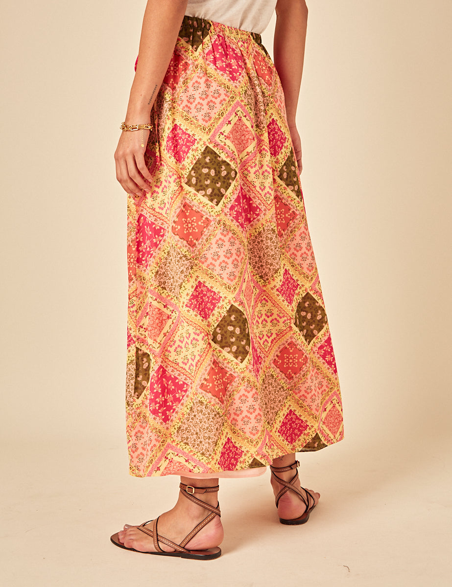 Yellow Patchwork Print Midi Skirt