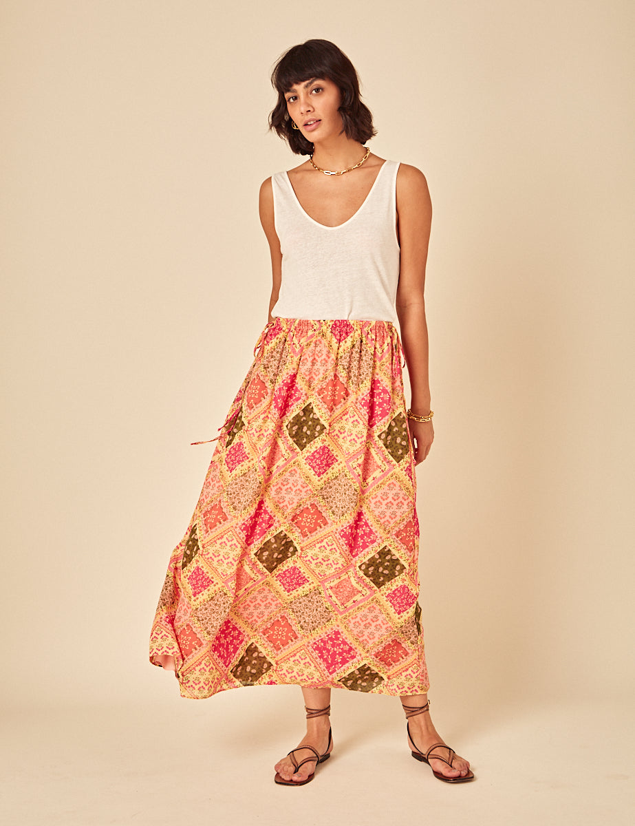 Yellow Patchwork Print Midi Skirt
