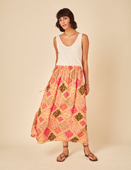 Yellow Patchwork Print Midi Skirt