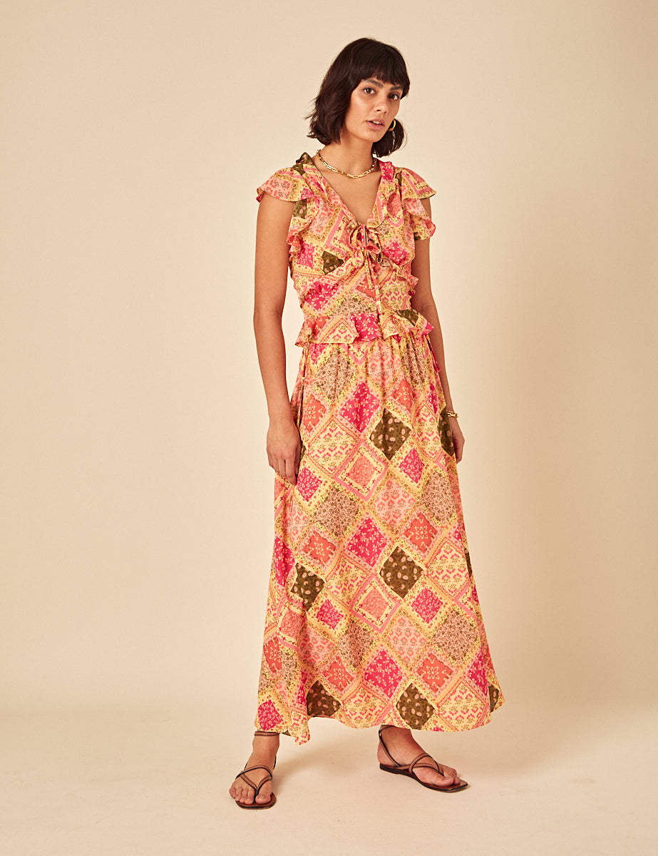 Yellow Patchwork Print Midi Skirt