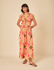 Yellow Patchwork Print Frill Top