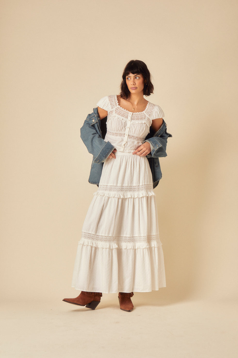 White Tiered Lace Detail Skirt