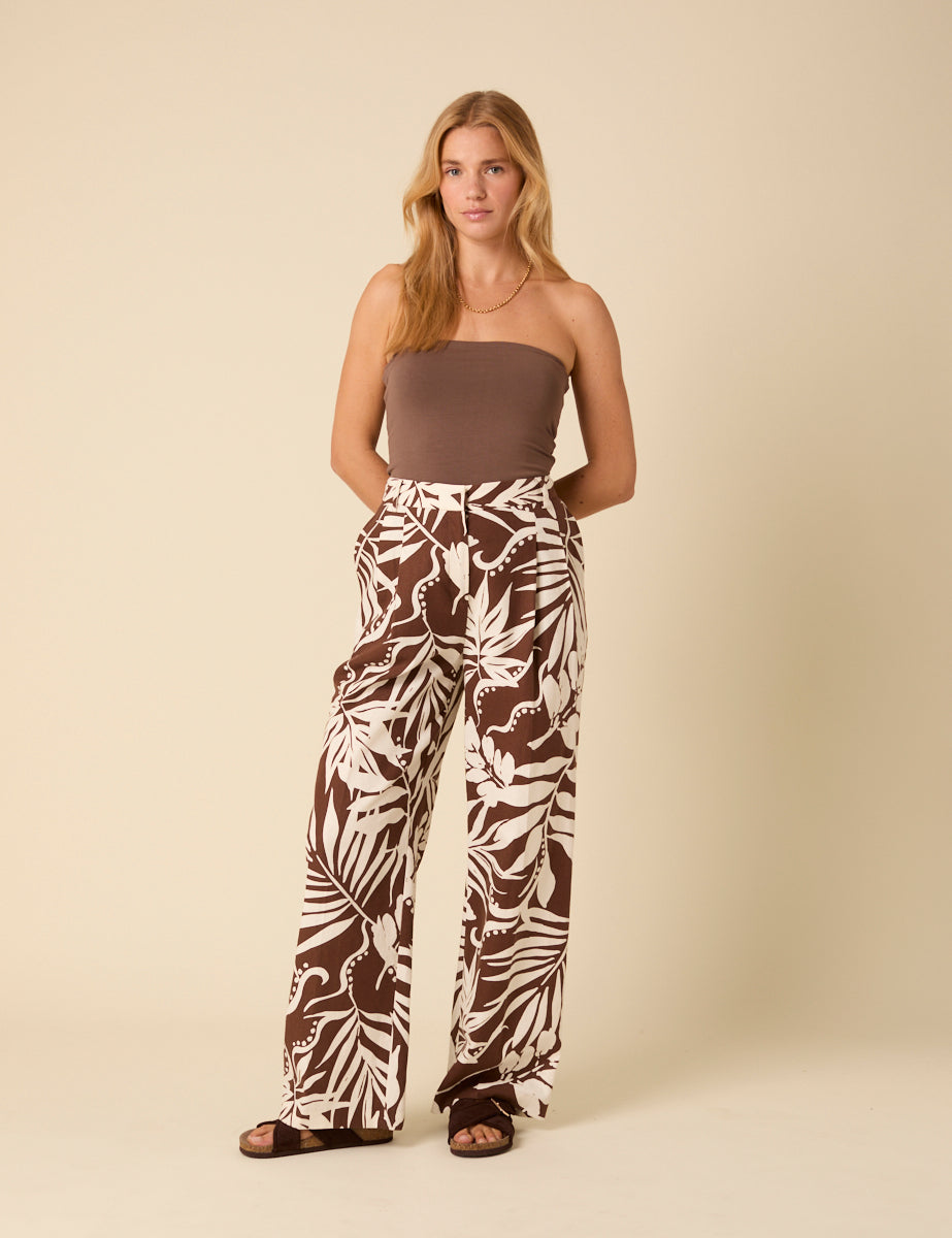 Brown Floral Linen-blend Trousers