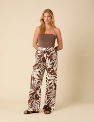 Brown Floral Linen-blend Trousers