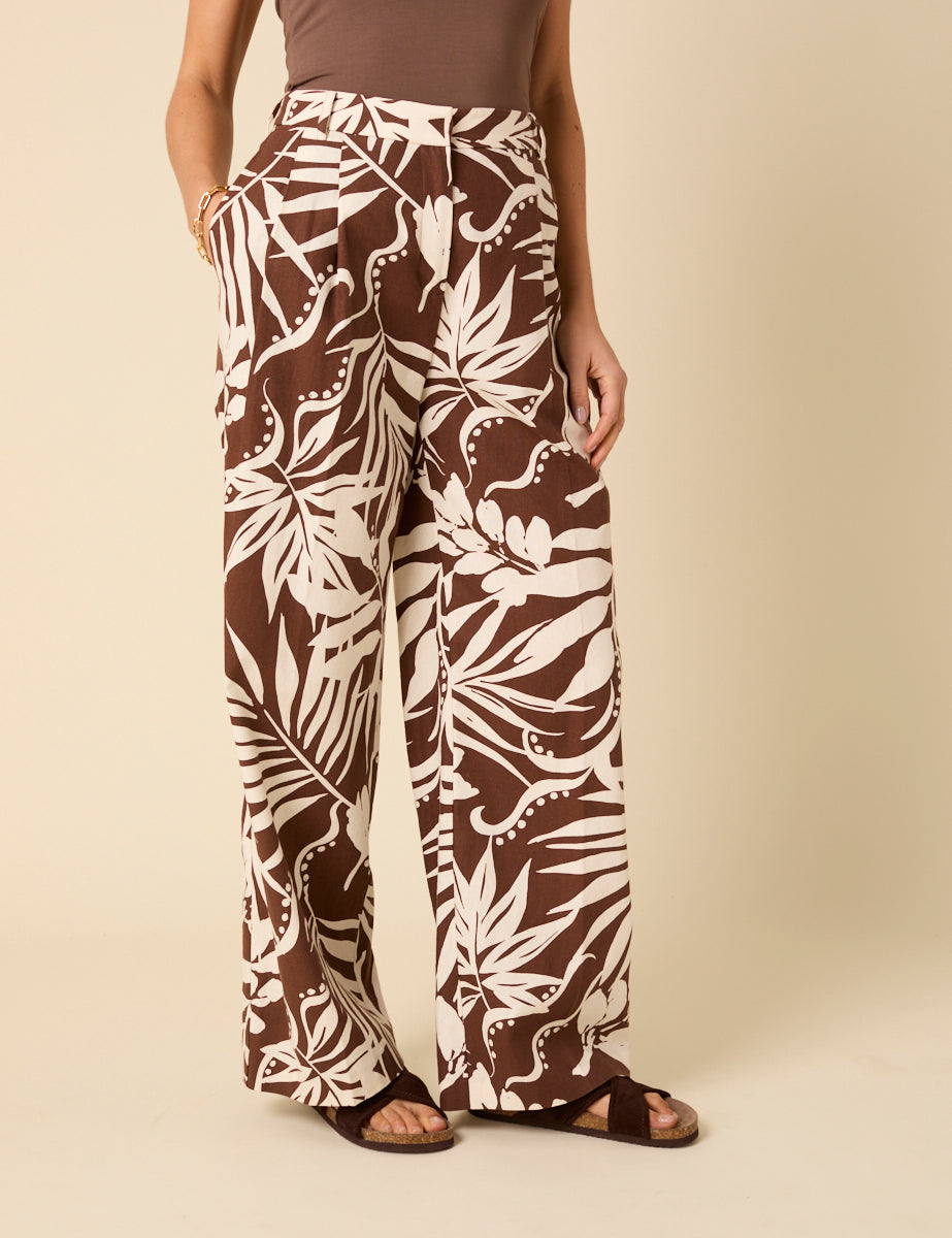Brown Floral Linen-blend Trousers