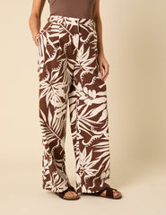 Brown Floral Linen-blend Trousers