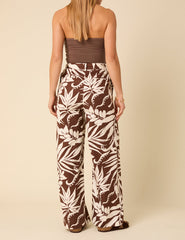 Brown Floral Linen-blend Trousers
