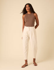 Cream Linen-blend Barrel Leg Trousers