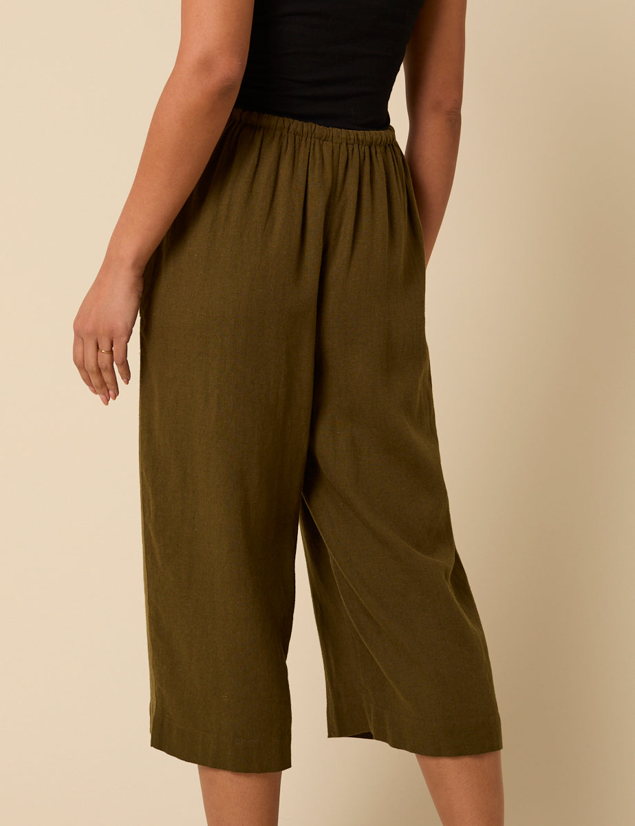 Khaki Linen-blend Cropped Shona Trousers