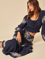Navy Embroidered Midi Skirt