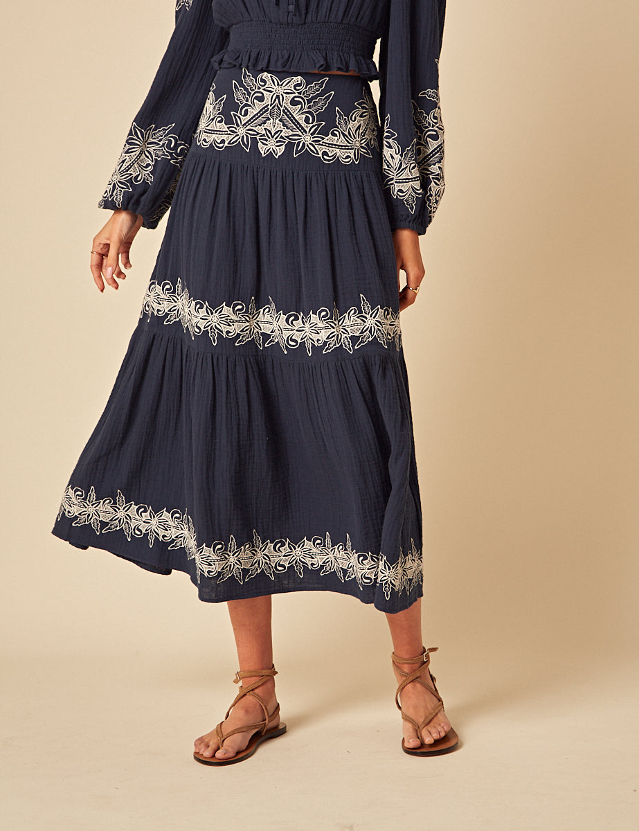 Navy Embroidered Midi Skirt
