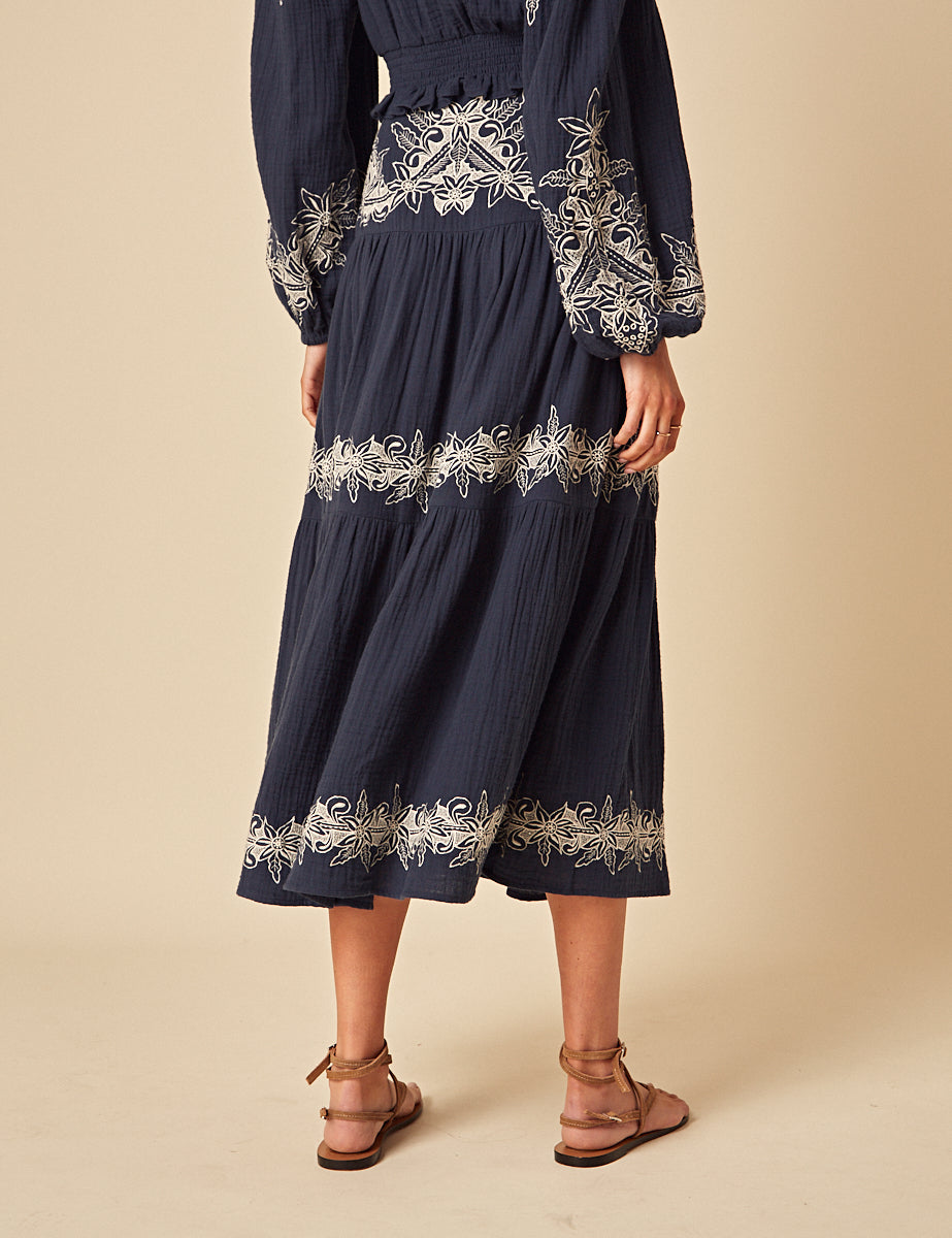 Navy Embroidered Midi Skirt