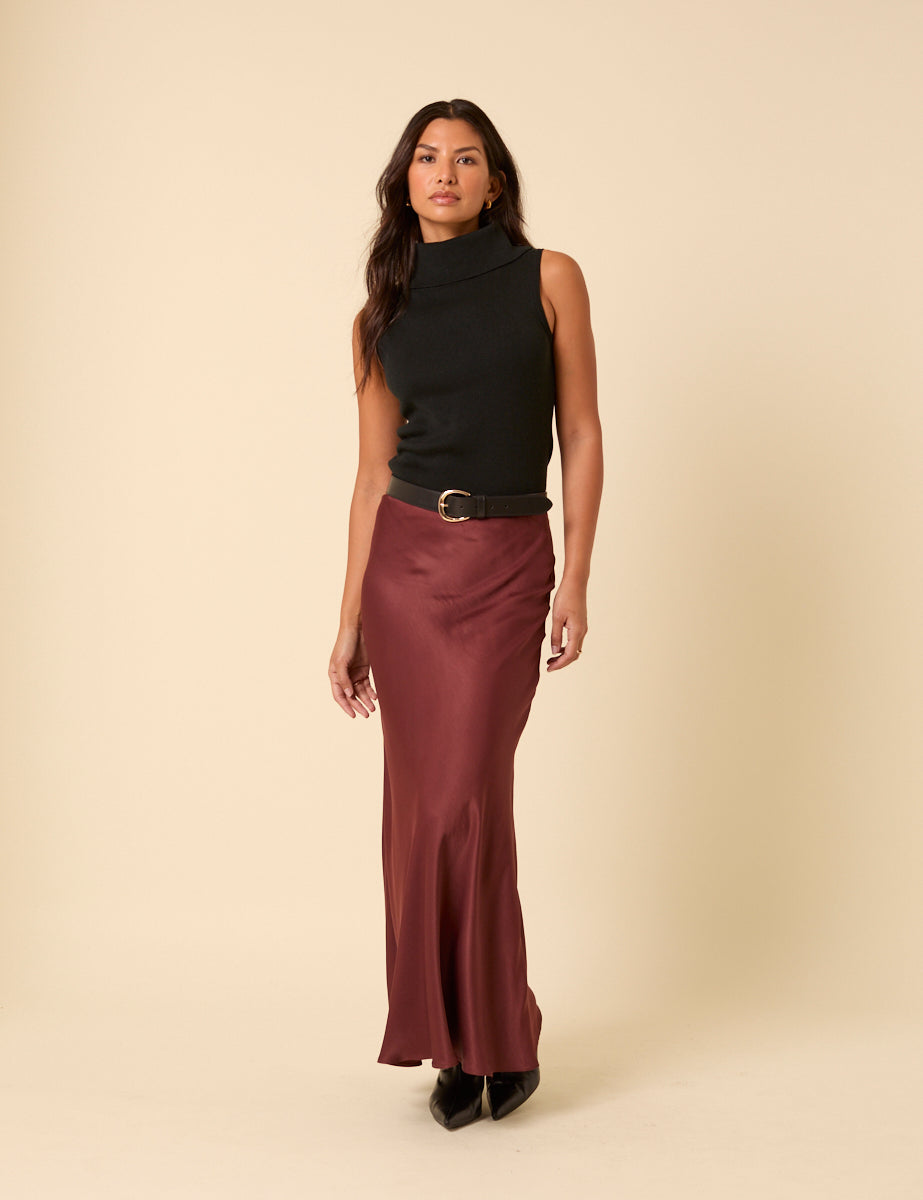 Burgundy Satin Maxi Skirt