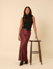Burgundy Satin Maxi Skirt