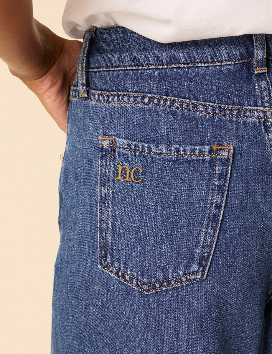 Blue High Rise Scallop Trim Cropped Palazzo Jeans