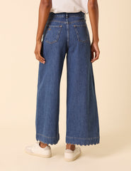 Blue High Rise Scallop Trim Cropped Palazzo Jeans