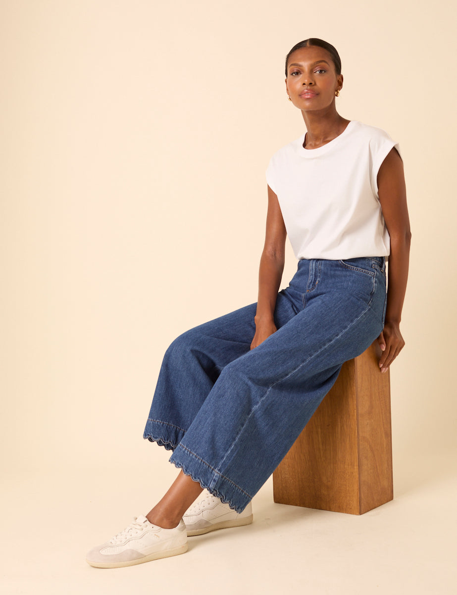 Blue High Rise Scallop Trim Cropped Palazzo Jeans