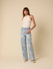 Light Blue Embroidered High Rise Jeans