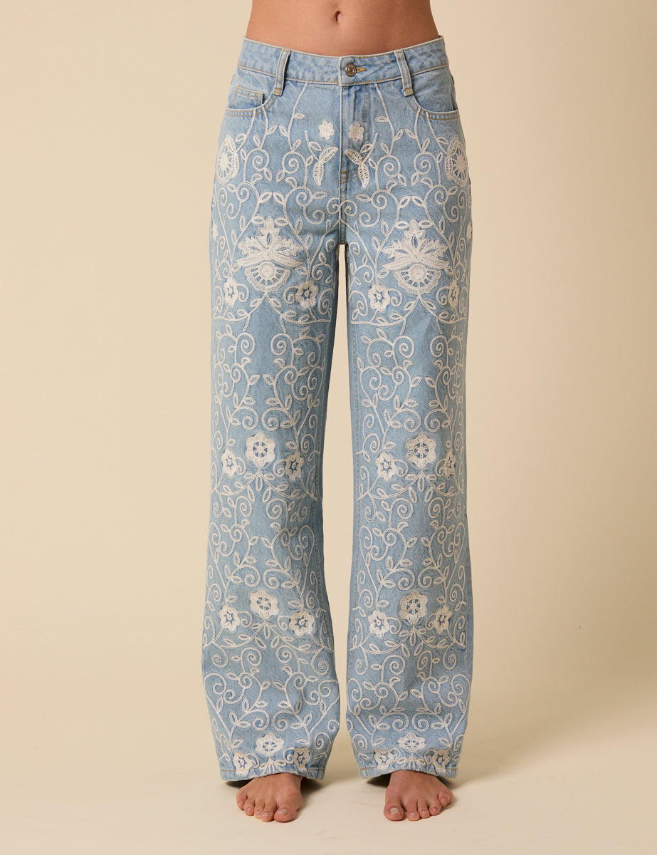 Light Blue Embroidered High Rise Jeans