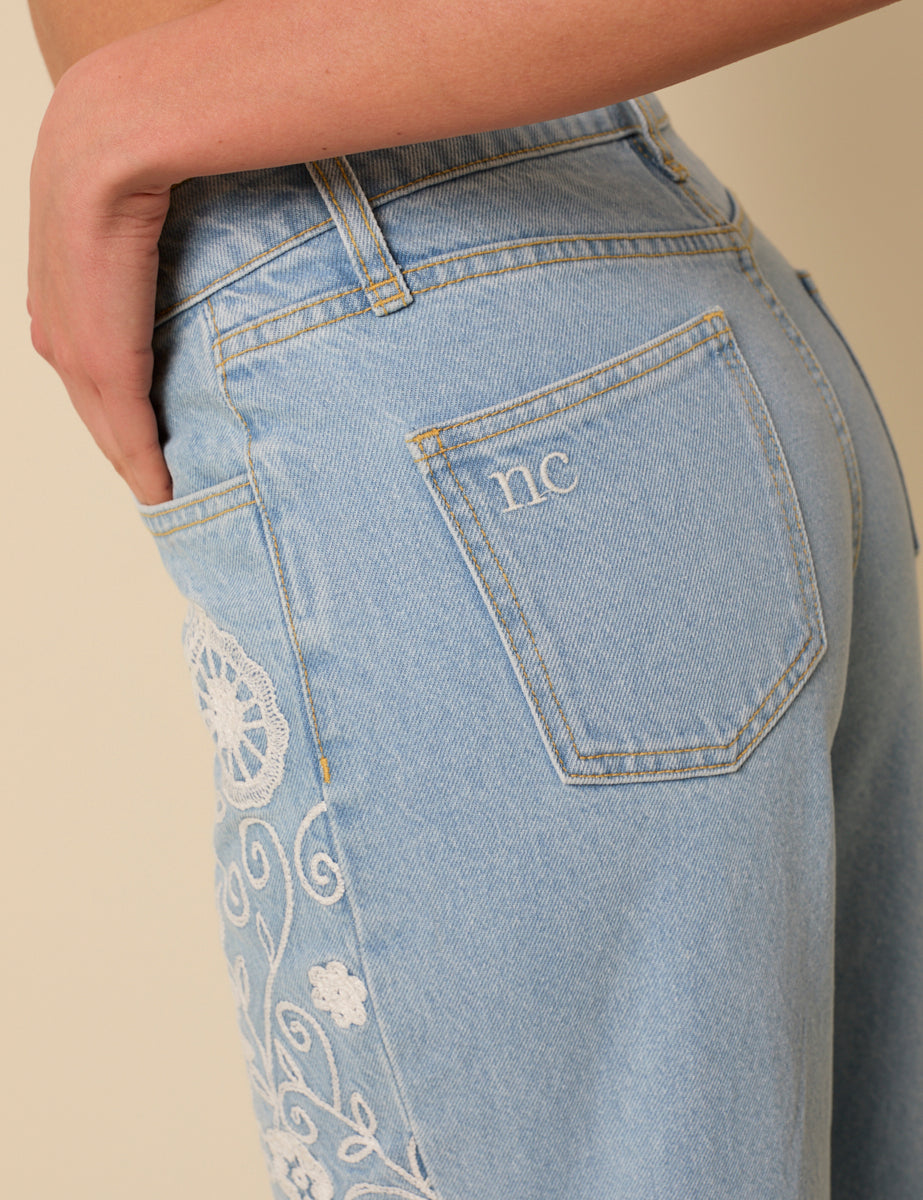 Light Blue Embroidered High Rise Jeans
