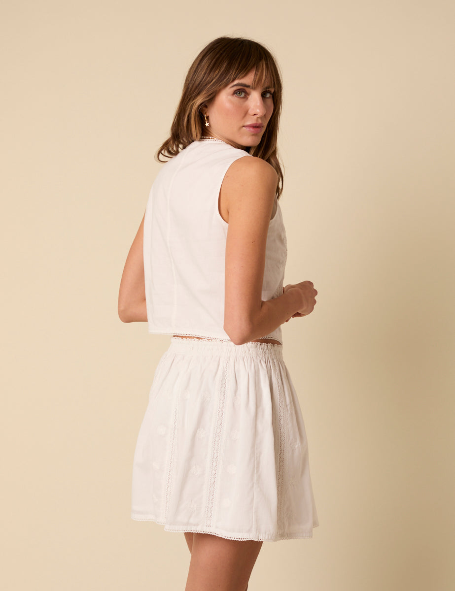 White Embroidered Lace Trim Waistcoat