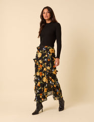 Black Floral Ruffle Midi Skirt
