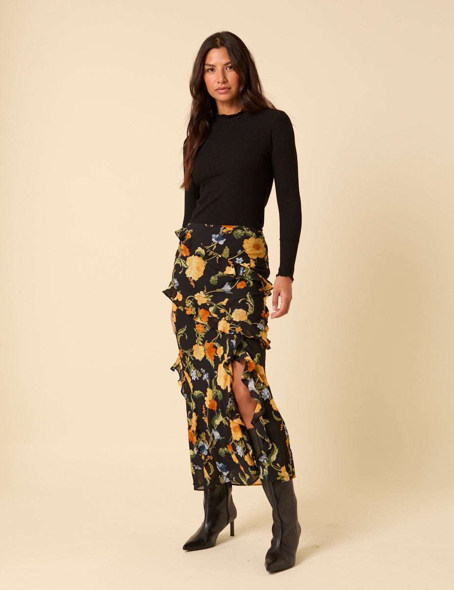 Black Floral Ruffle Midi Skirt