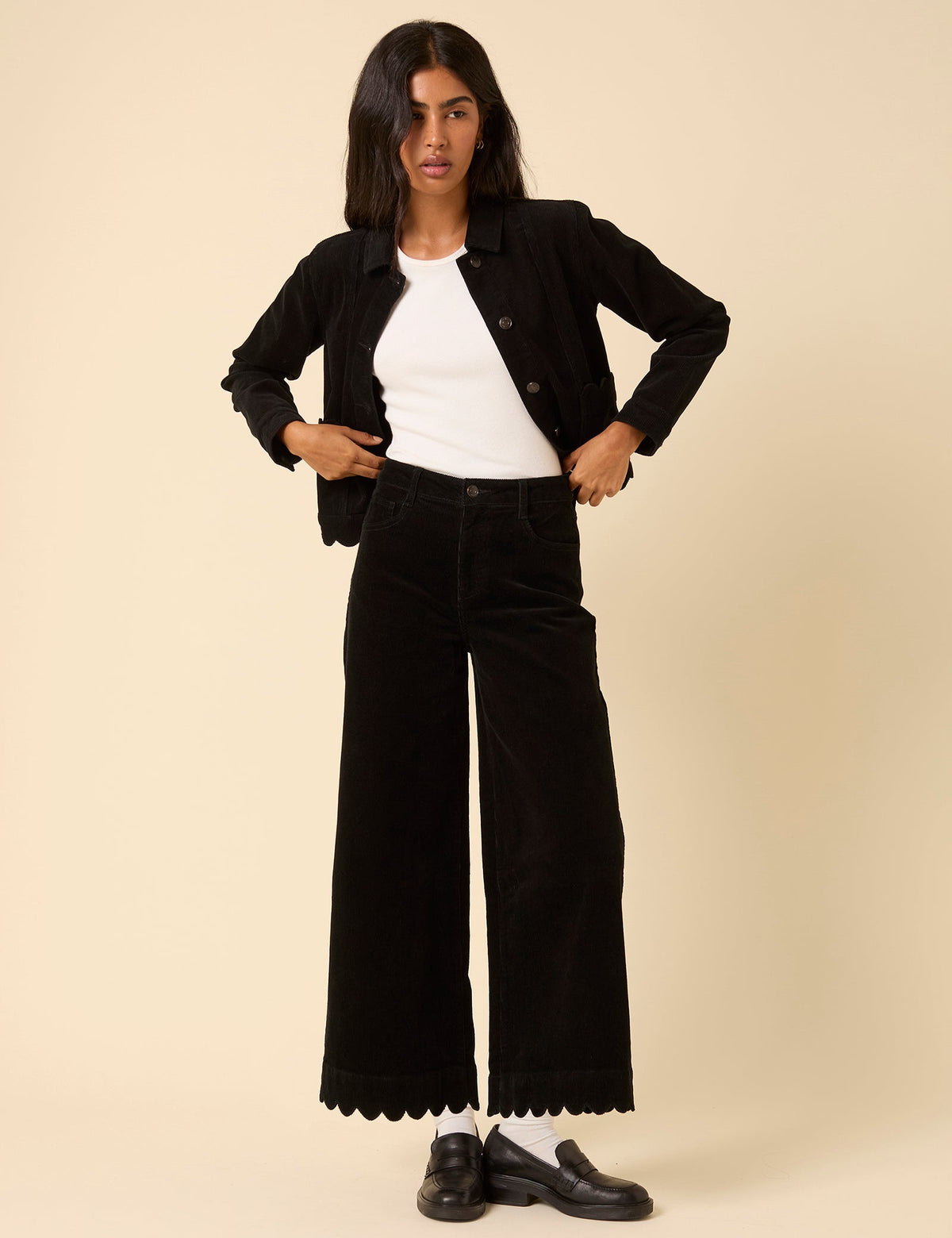 Black Cord Cropped Scallop Trim Jeans