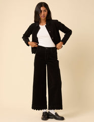 Black Cord Cropped Scallop Trim Jeans