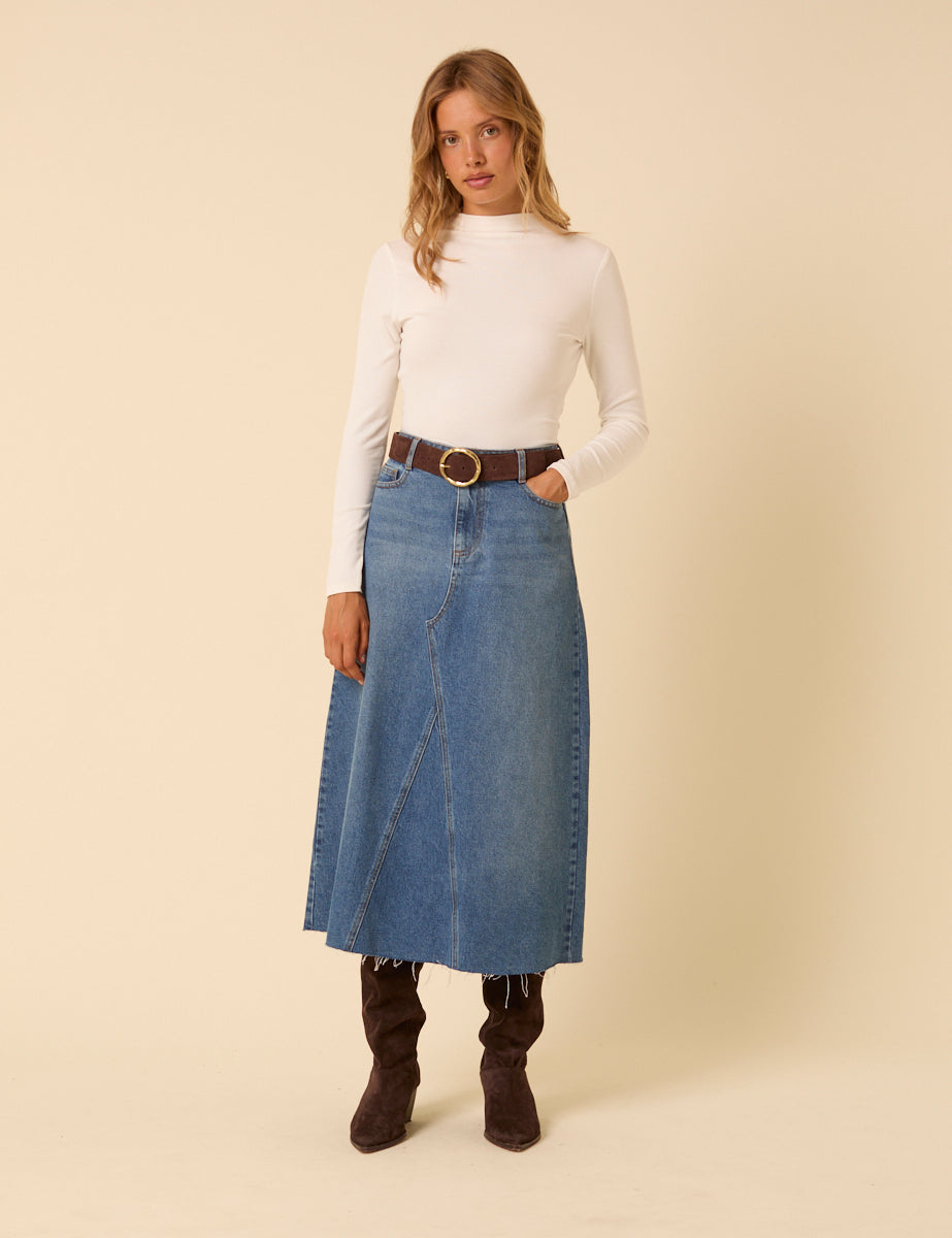 Blue Denim A-Line Midi Skirt