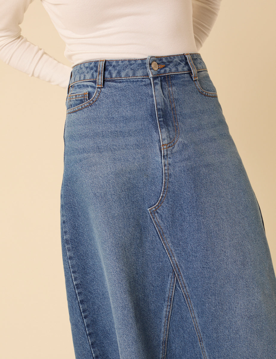 Blue Denim A-Line Midi Skirt