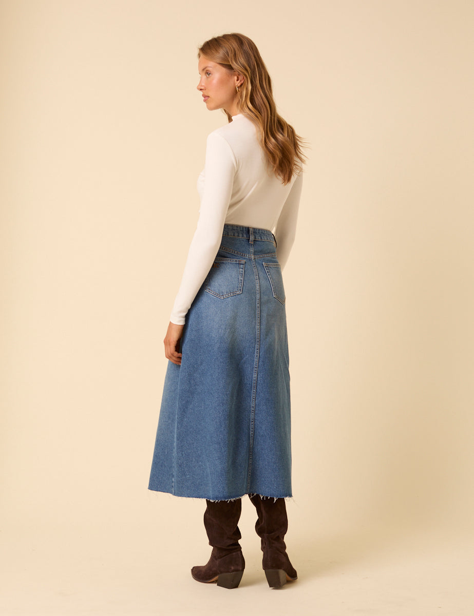 Blue Denim A-Line Midi Skirt
