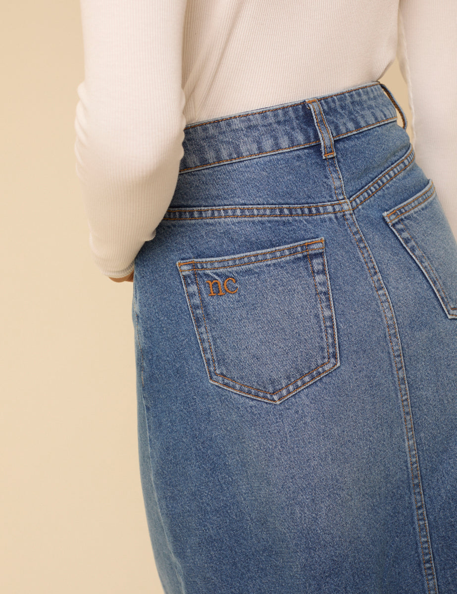 Blue Denim A-Line Midi Skirt