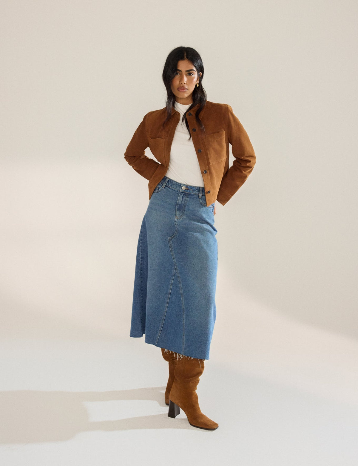 Blue Denim A-Line Midi Skirt