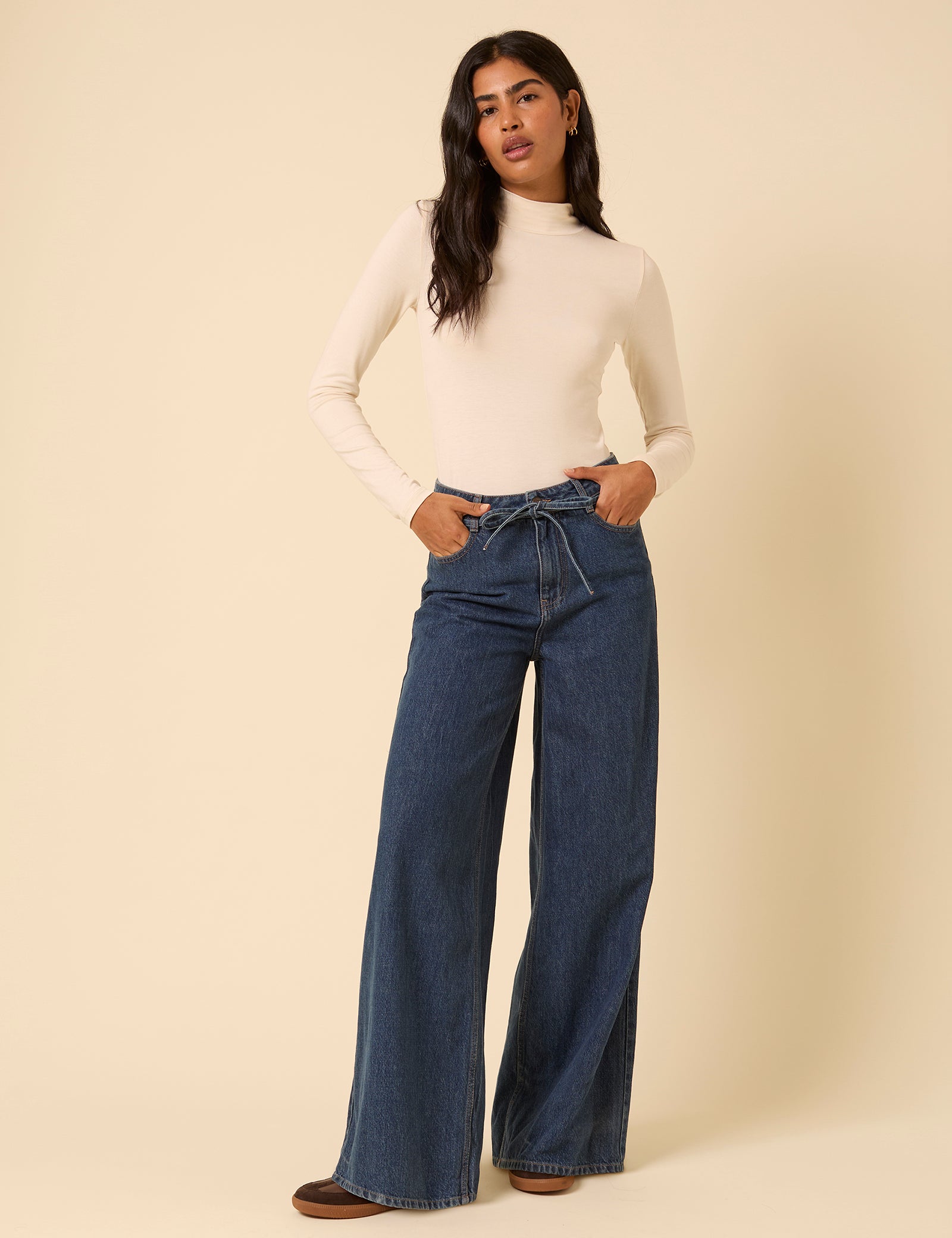 Dark Blue High Rise Tie Waist Wide Leg Jeans