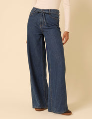 Dark Blue High Rise Tie Waist Wide Leg Jeans