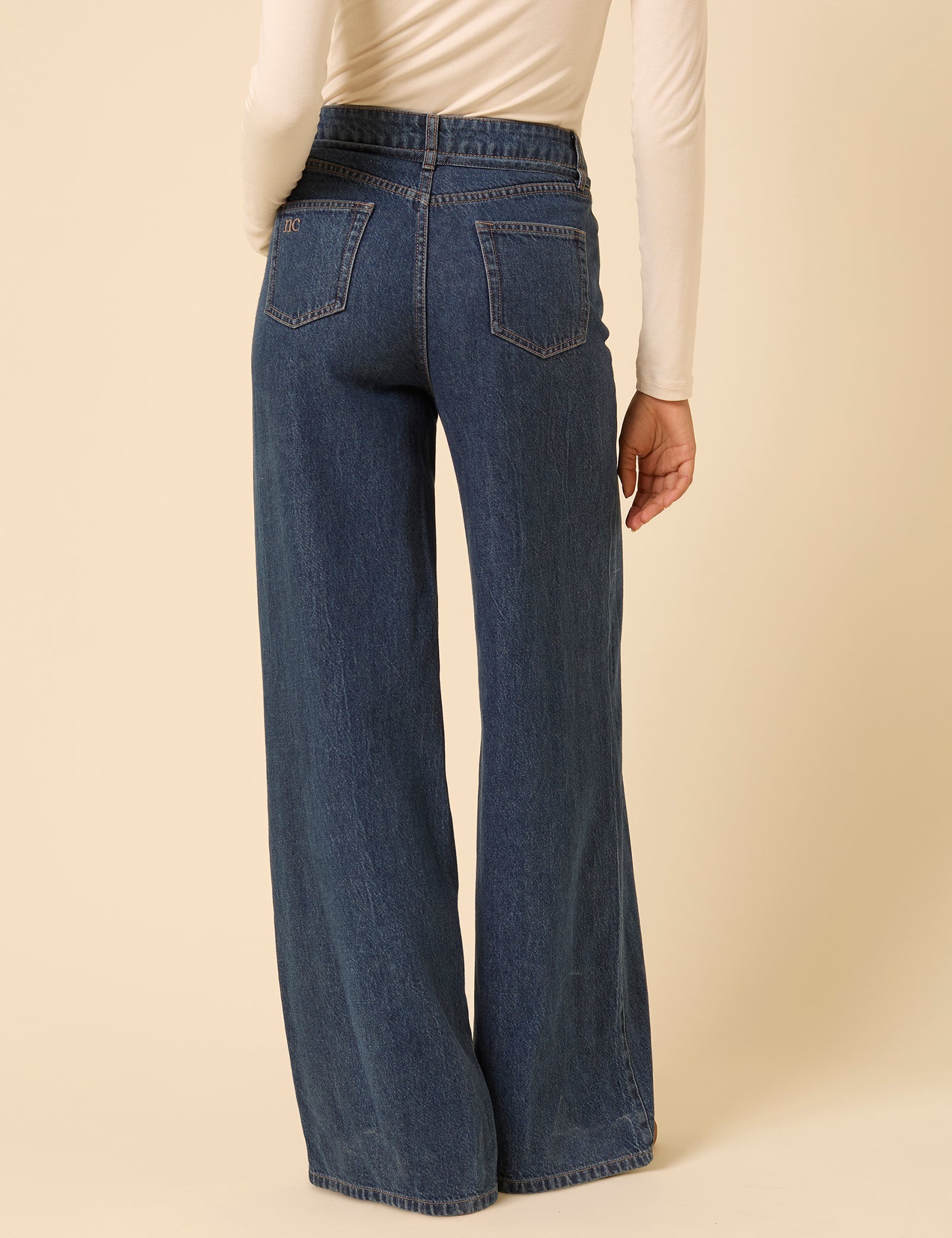 Dark Blue High Rise Tie Waist Wide Leg Jeans