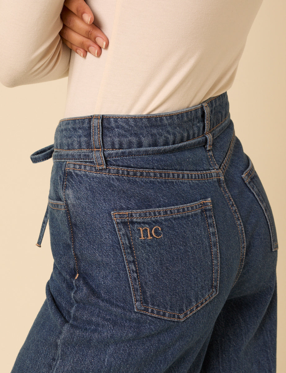 Dark Blue High Rise Tie Waist Wide Leg Jeans