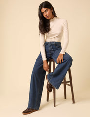 Dark Blue High Rise Tie Waist Wide Leg Jeans