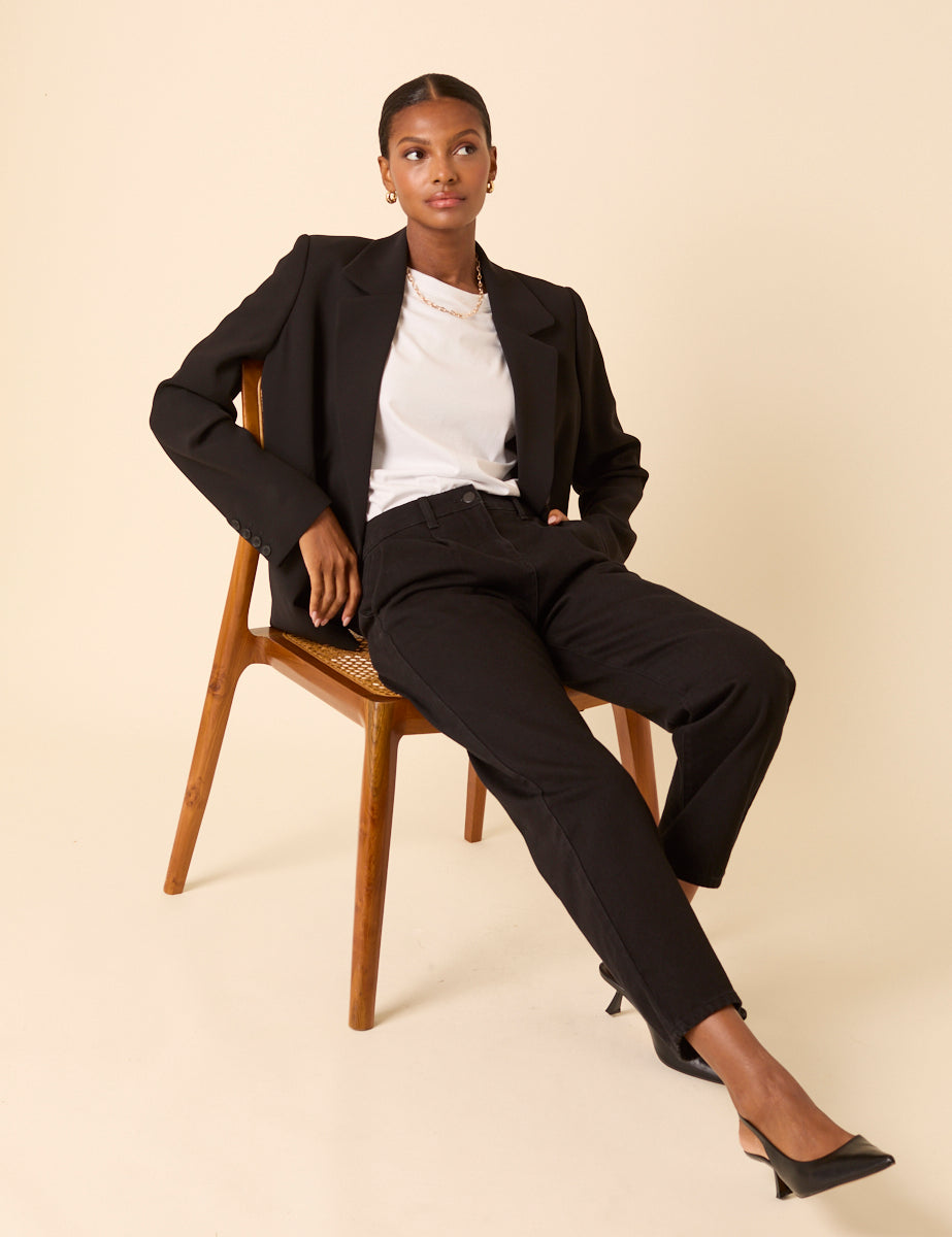 Black High Rise Pleated Straight Leg Jeans